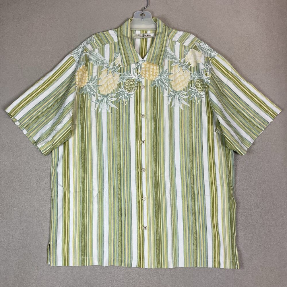 Tommy Bahama Shirt Mens L Green Striped Silk‎ Hawaiian Short Sleeve Button Up